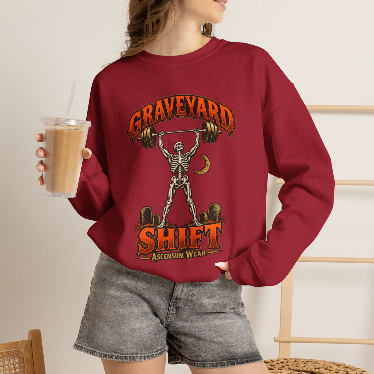Graveyard Shift — Skeleton Weightlifter Front Print Crewneck | Ascensum Wear