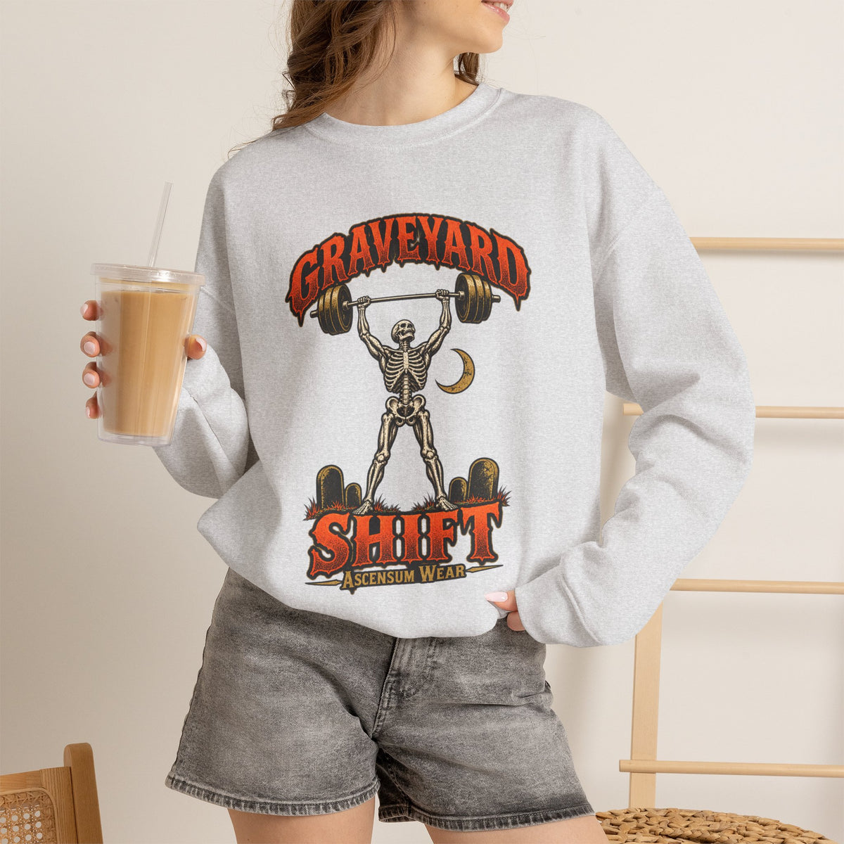 Graveyard Shift — Skeleton Weightlifter Front Print Crewneck | Ascensum Wear