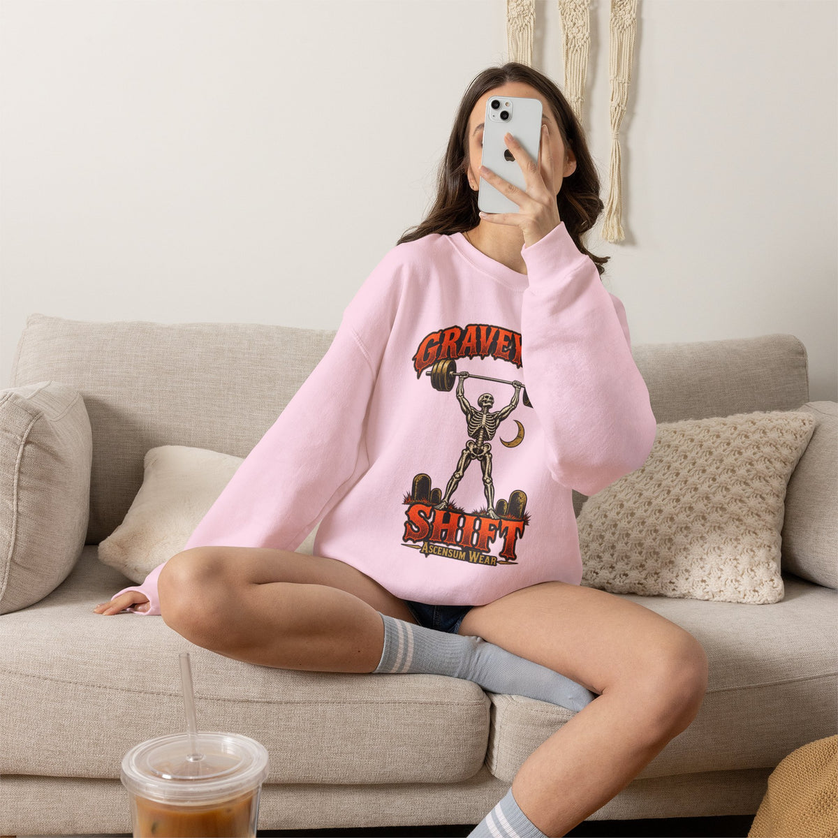 Graveyard Shift — Skeleton Weightlifter Front Print Crewneck | Ascensum Wear