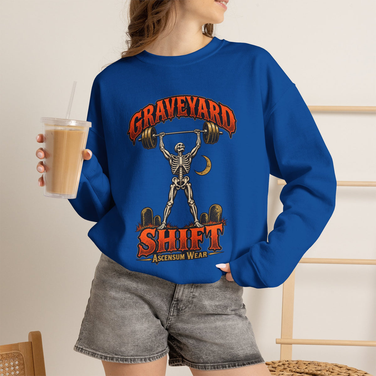 Graveyard Shift — Skeleton Weightlifter Front Print Crewneck | Ascensum Wear