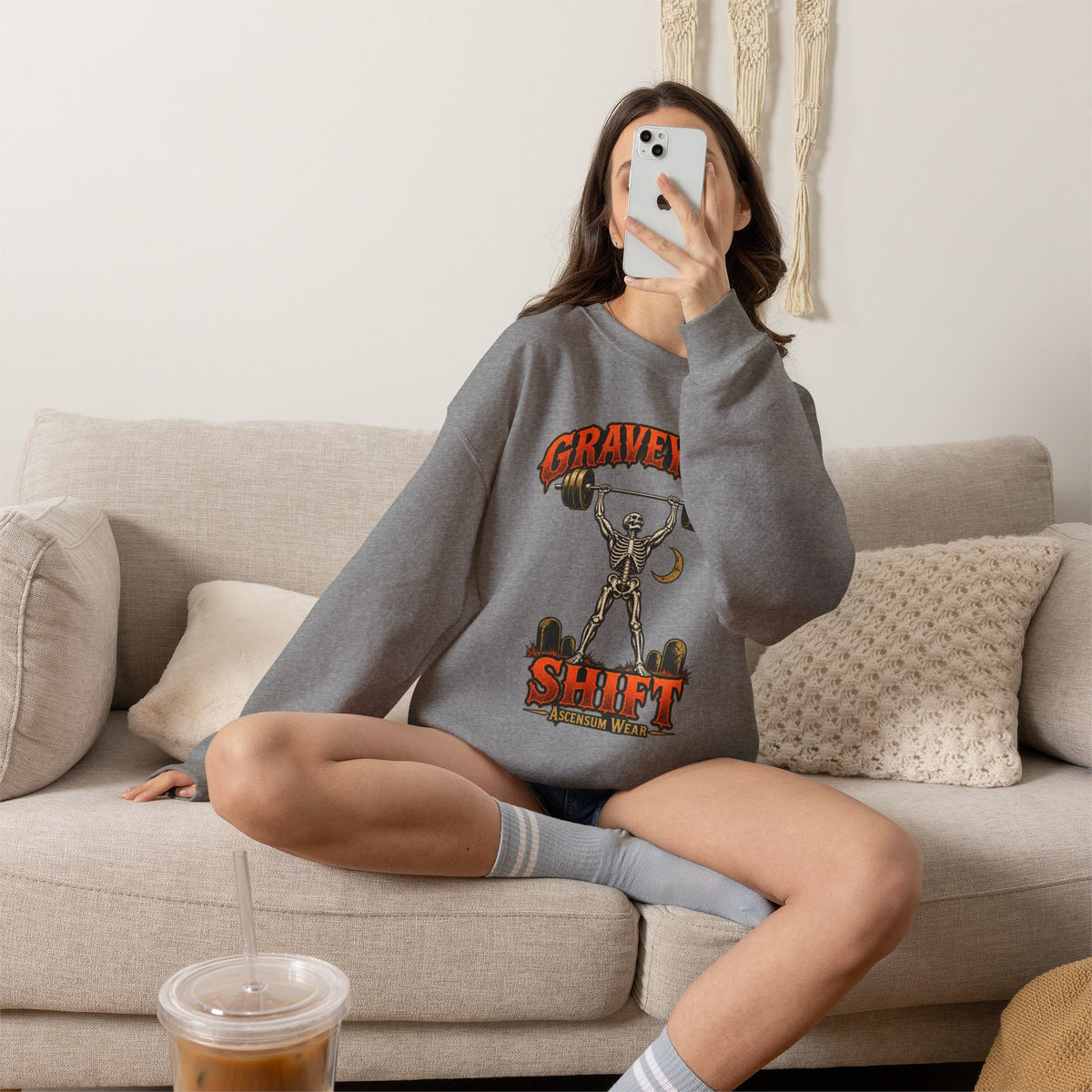 Graveyard Shift — Skeleton Weightlifter Front Print Crewneck | Ascensum Wear