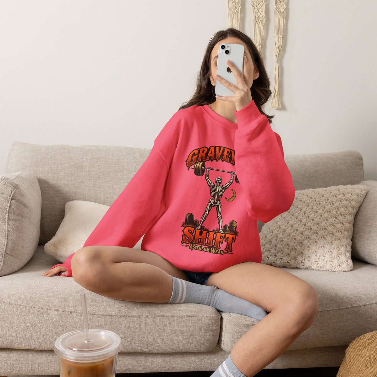 Graveyard Shift — Skeleton Weightlifter Front Print Crewneck | Ascensum Wear