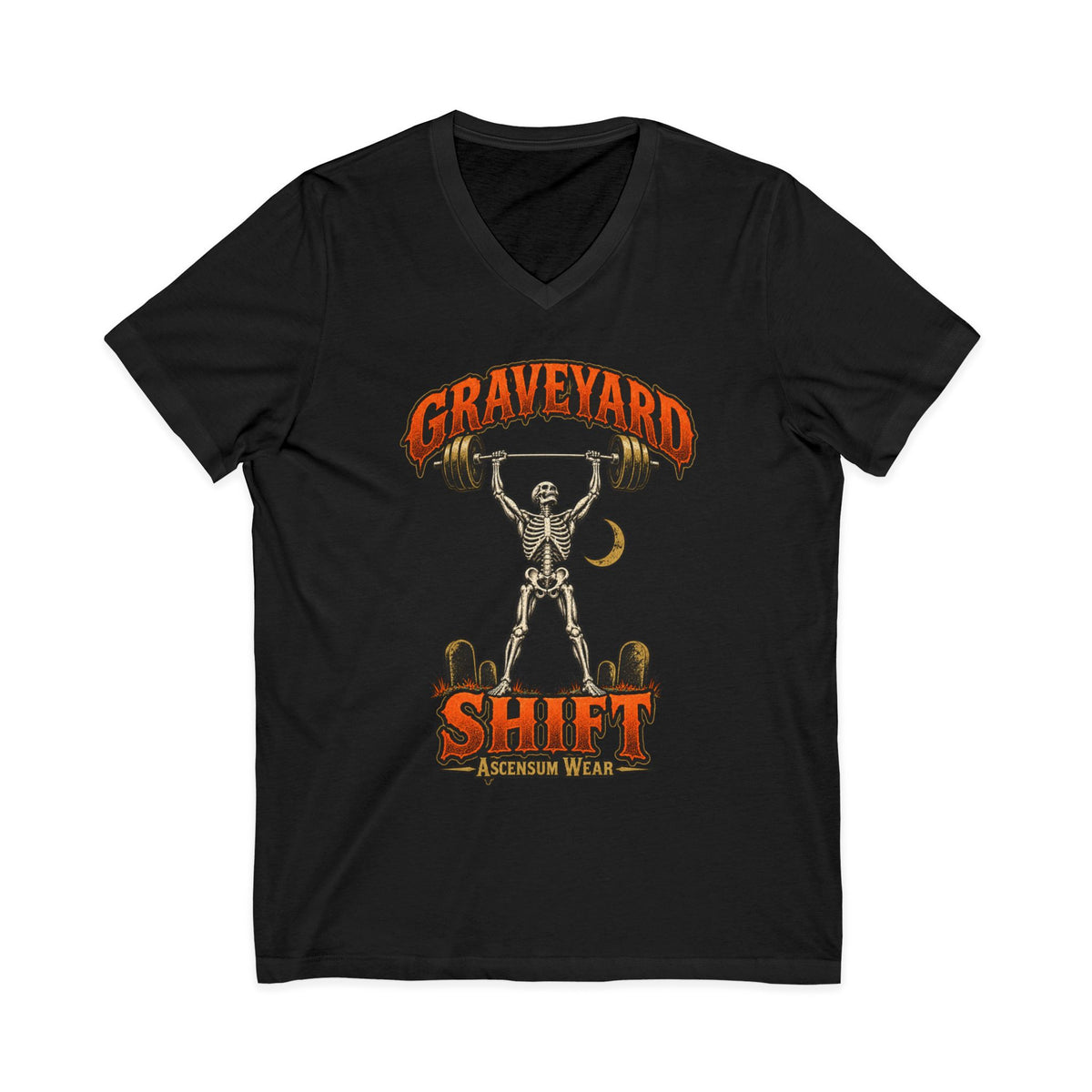 Graveyard Shift — Skeleton Weightlifter Front Print V Neck | Ascensum Wear