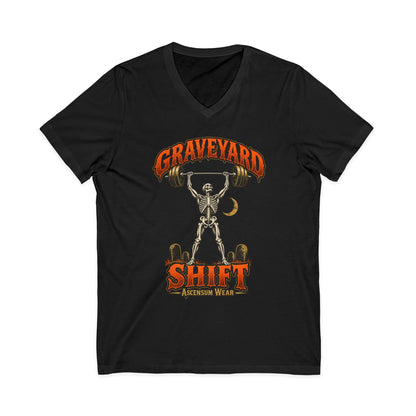 Graveyard Shift — Skeleton Weightlifter Front Print V Neck | Ascensum Wear