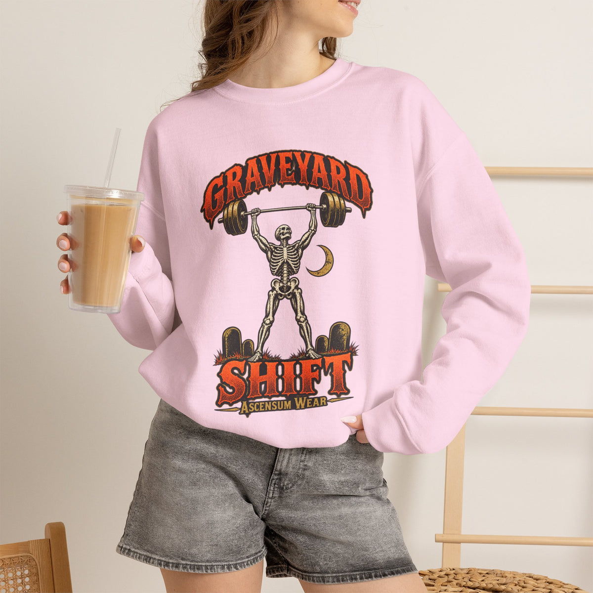 Graveyard Shift — Skeleton Weightlifter Front Print Crewneck | Ascensum Wear
