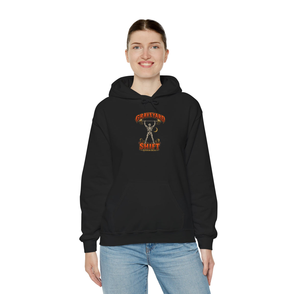 Graveyard Shift — Skeleton Weightlifter Front Print Hoodie | Ascensum Wear