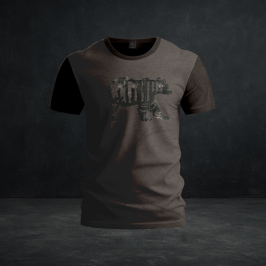 Battle Scars Bear Tee — Tri-Blend Distressed Bear Graphic Outdoor Shirt