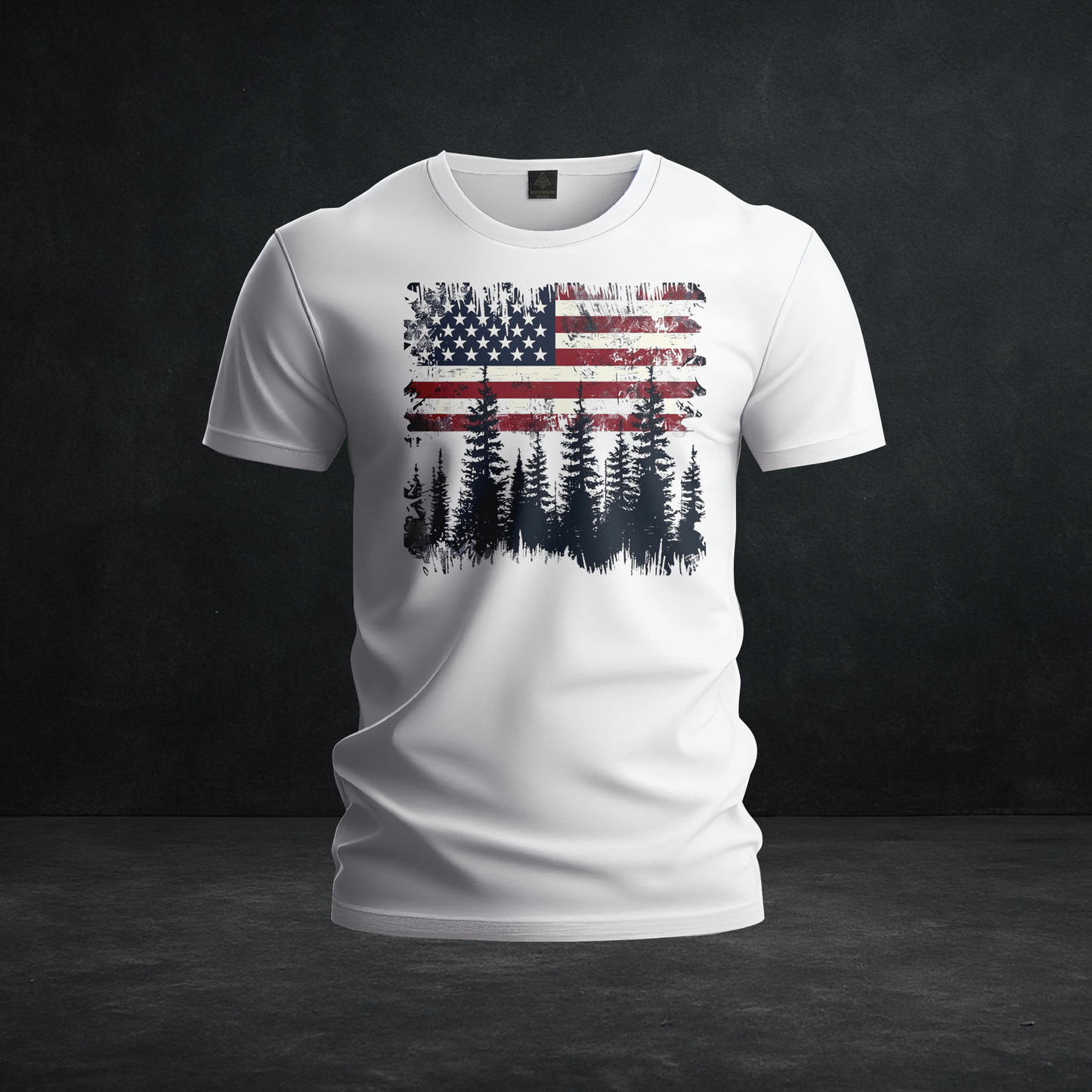 Patriotic Pine Forest Flag Tee — Tri-Blend Distressed American Outdoors Shirt