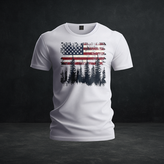 Patriotic Pine Forest Flag Tee — Tri-Blend Distressed American Outdoors Shirt