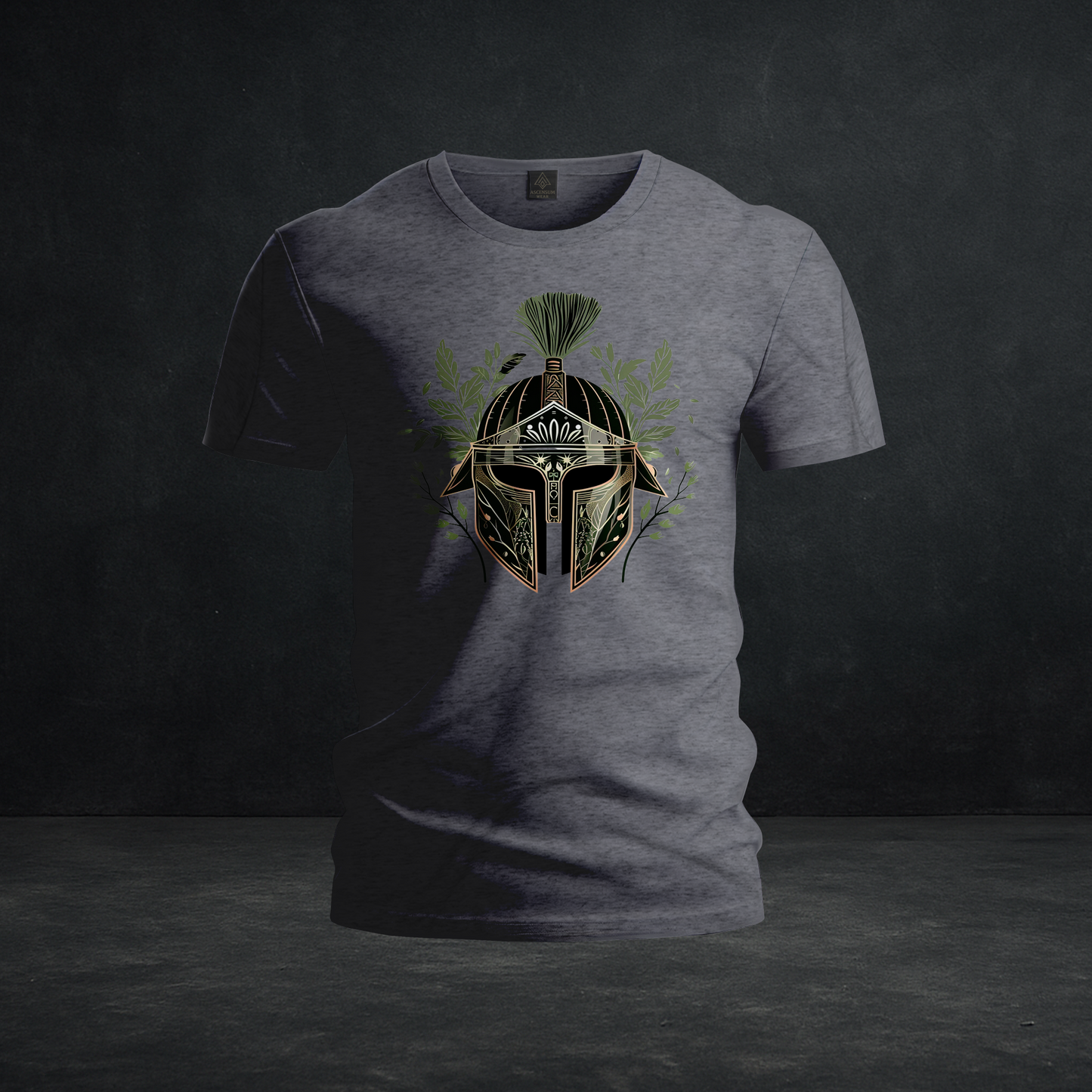 Verdant Valor Tee – Tri-Blend Botanical Spartan Helmet Design