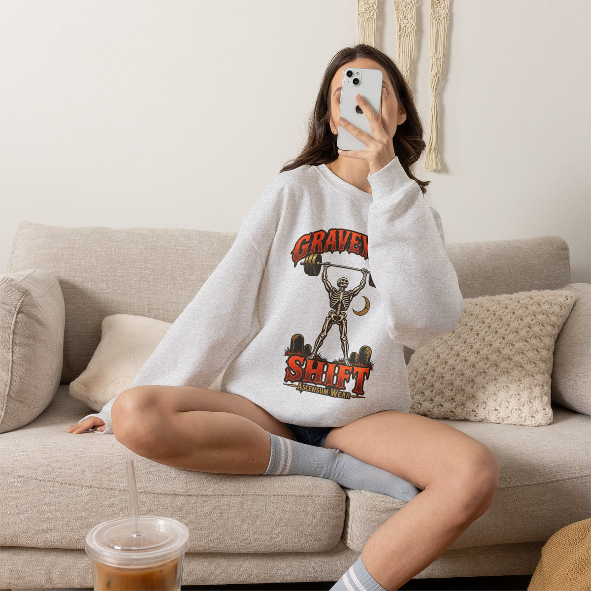 Graveyard Shift — Skeleton Weightlifter Front Print Crewneck | Ascensum Wear