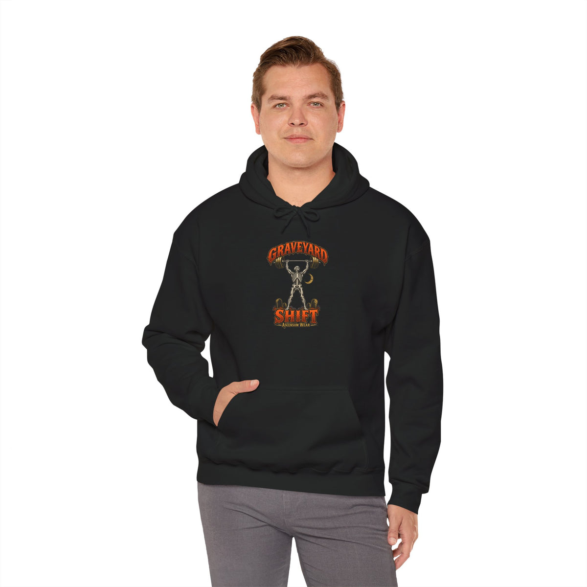 Graveyard Shift — Skeleton Weightlifter Front Print Hoodie | Ascensum Wear