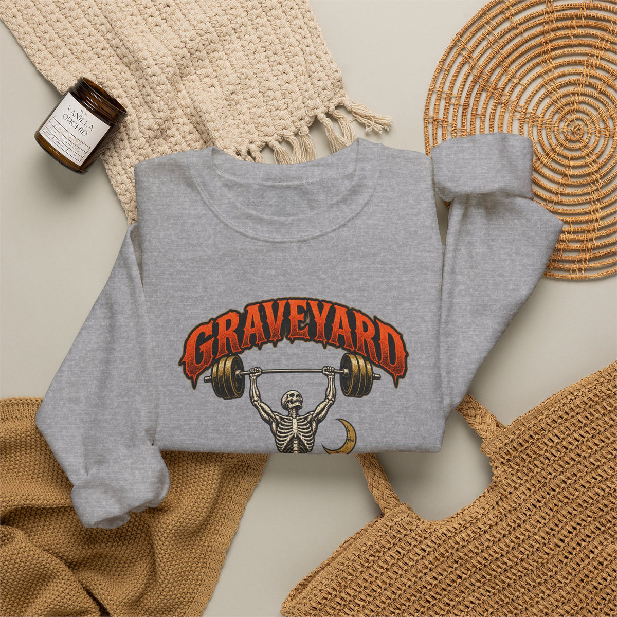 Graveyard Shift — Skeleton Weightlifter Front Print Crewneck | Ascensum Wear