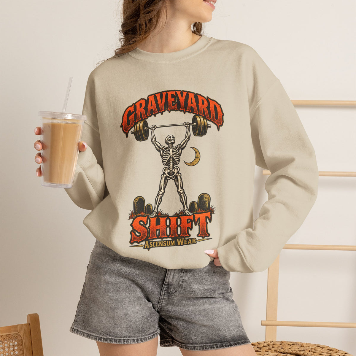 Graveyard Shift — Skeleton Weightlifter Front Print Crewneck | Ascensum Wear