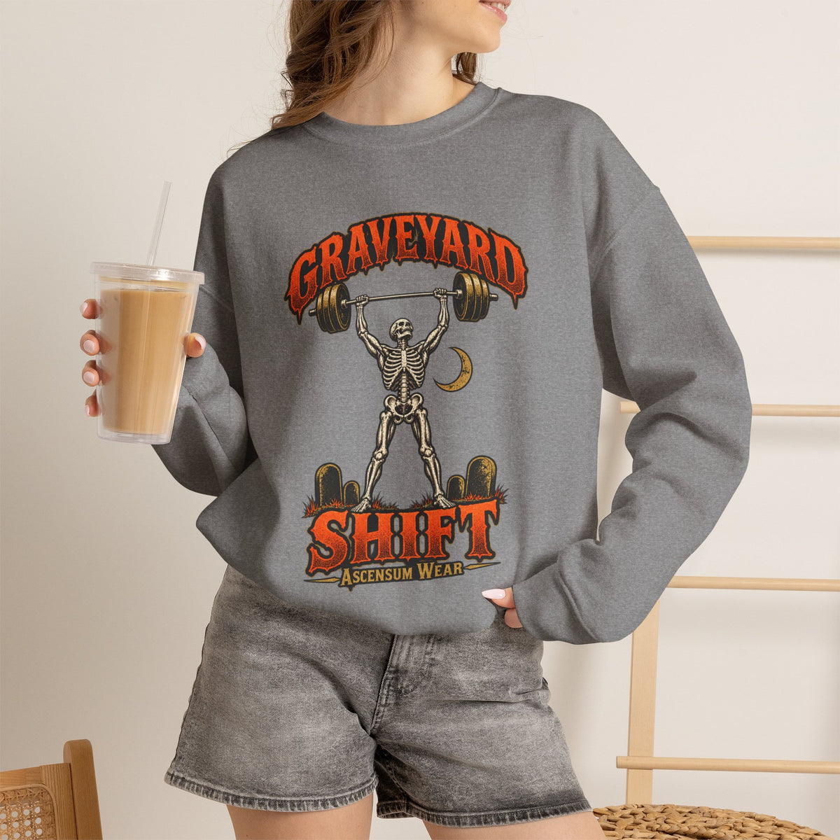 Graveyard Shift — Skeleton Weightlifter Front Print Crewneck | Ascensum Wear