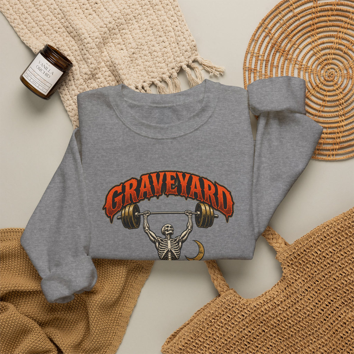 Graveyard Shift — Skeleton Weightlifter Front Print Crewneck | Ascensum Wear