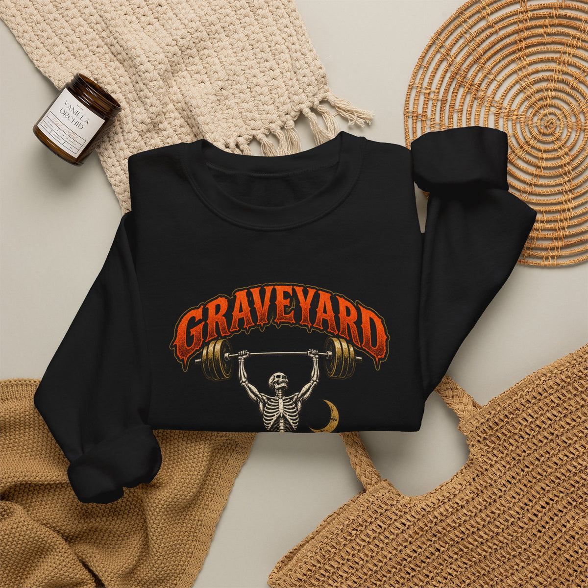 Graveyard Shift — Skeleton Weightlifter Front Print Crewneck | Ascensum Wear