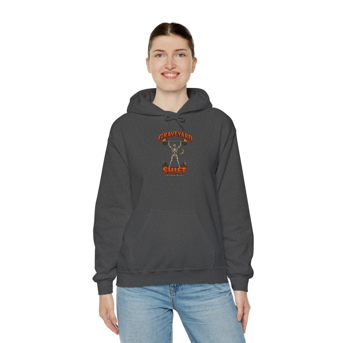 Graveyard Shift — Skeleton Weightlifter Front Print Hoodie | Ascensum Wear
