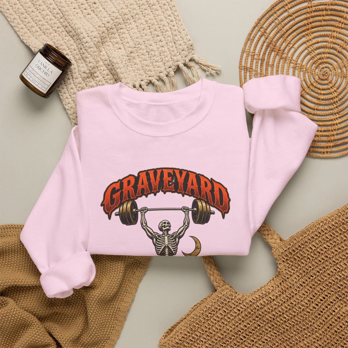 Graveyard Shift — Skeleton Weightlifter Front Print Crewneck | Ascensum Wear