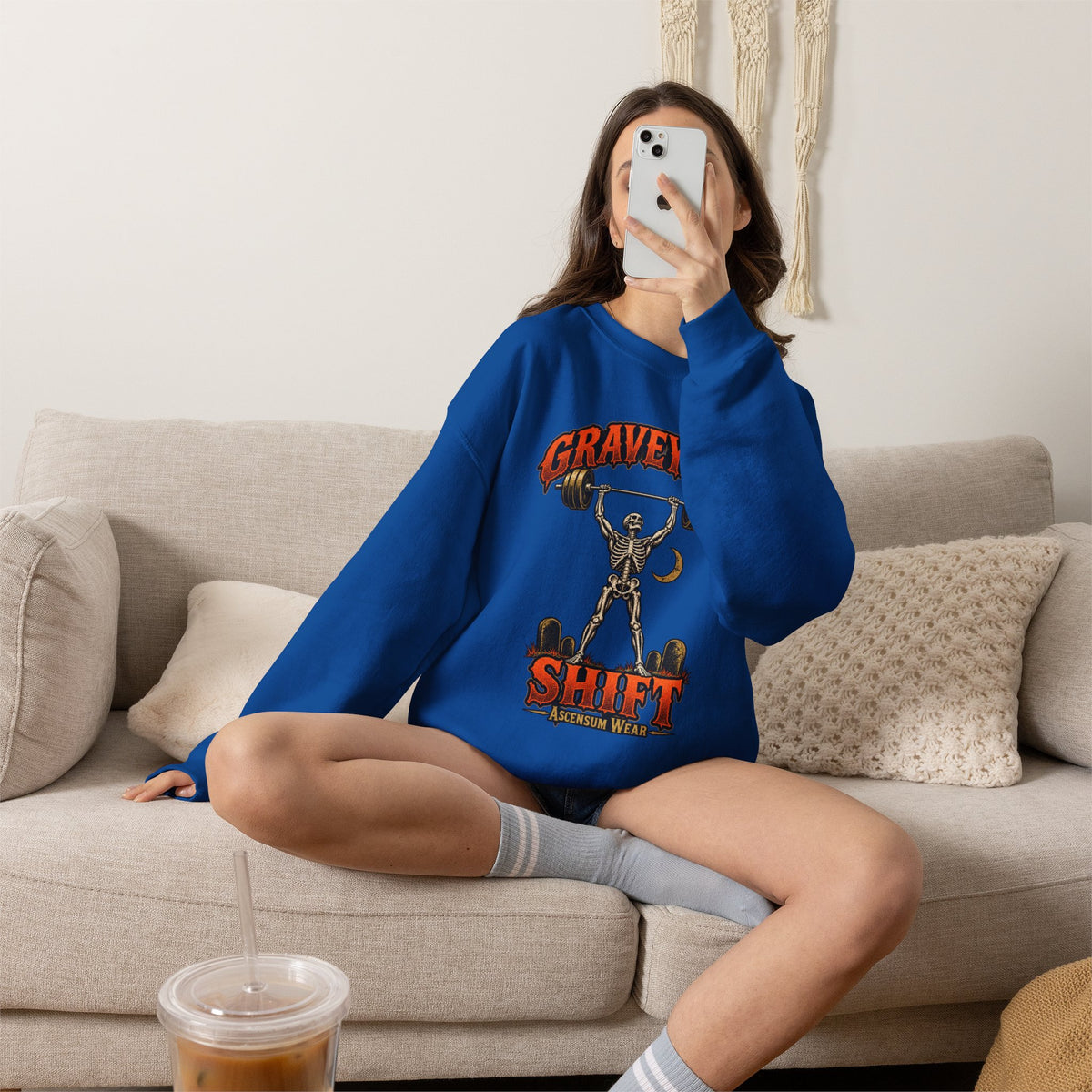 Graveyard Shift — Skeleton Weightlifter Front Print Crewneck | Ascensum Wear