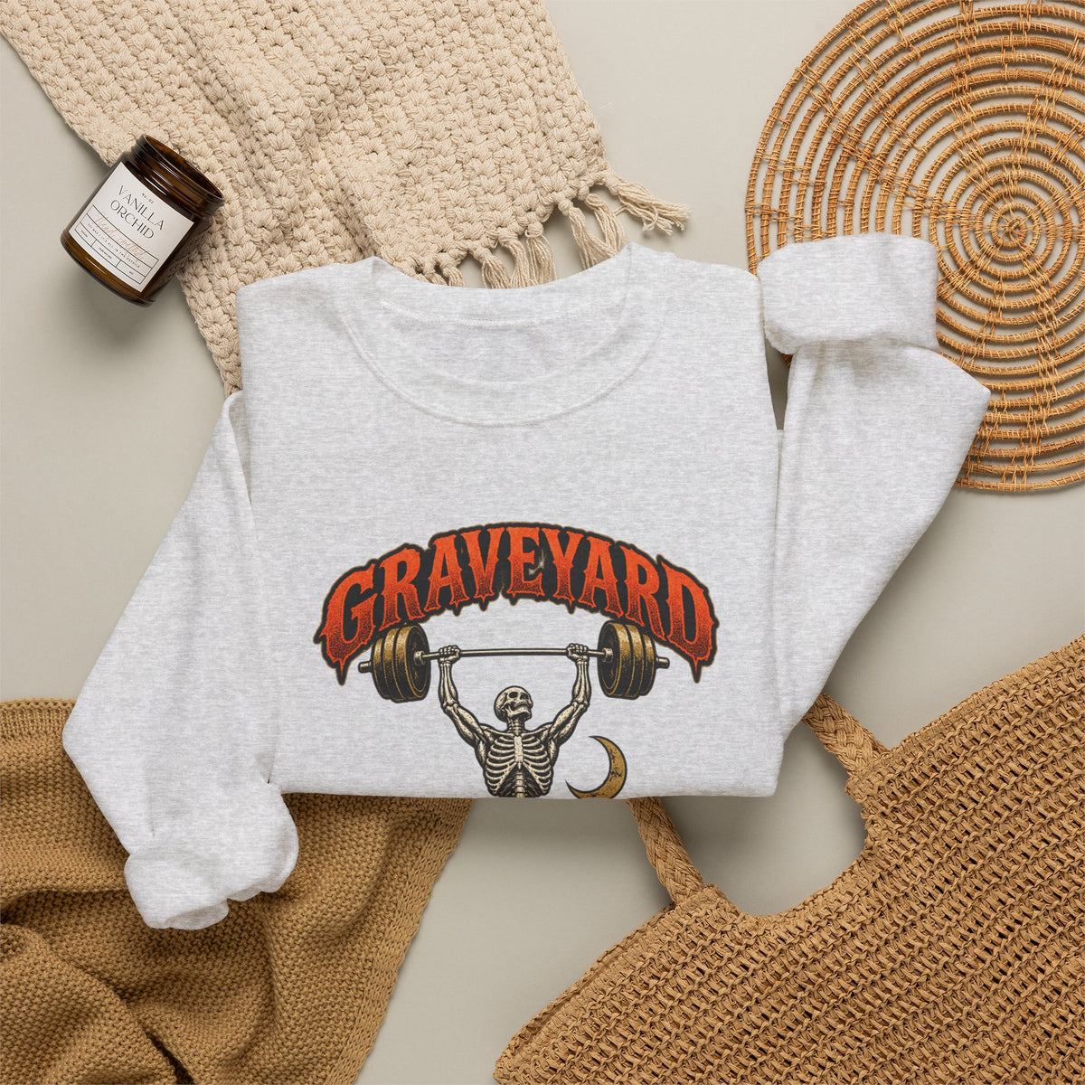 Graveyard Shift — Skeleton Weightlifter Front Print Crewneck | Ascensum Wear
