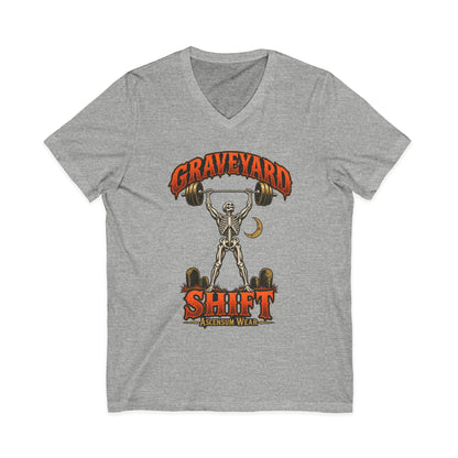 Graveyard Shift — Skeleton Weightlifter Front Print V Neck | Ascensum Wear